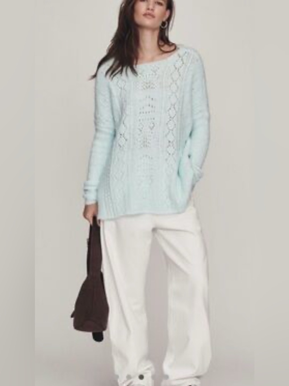 By Anthropologie Long-Sleeve Pointelle Soft Pale Blue Oversized Sweater Medium